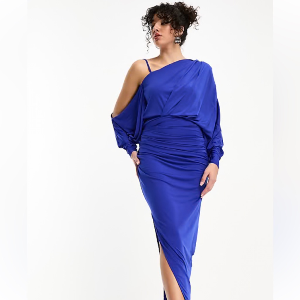 Asos Cobalt Grecian Drape One-Shoulder Midi Dress - Tall
